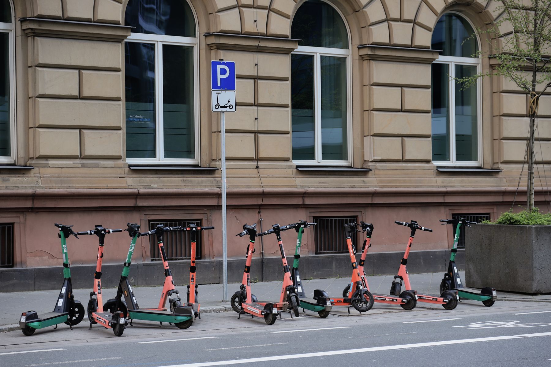 Mehrere Leih-E-Scooter an einem gekennzeichneten Abstellplatz in Frankfurt